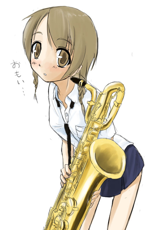 original, 1girl, brown eyes, brown hair, female focus, instrument, leaning forward, looking at viewer, music, saxophone, simple background, solo, white background