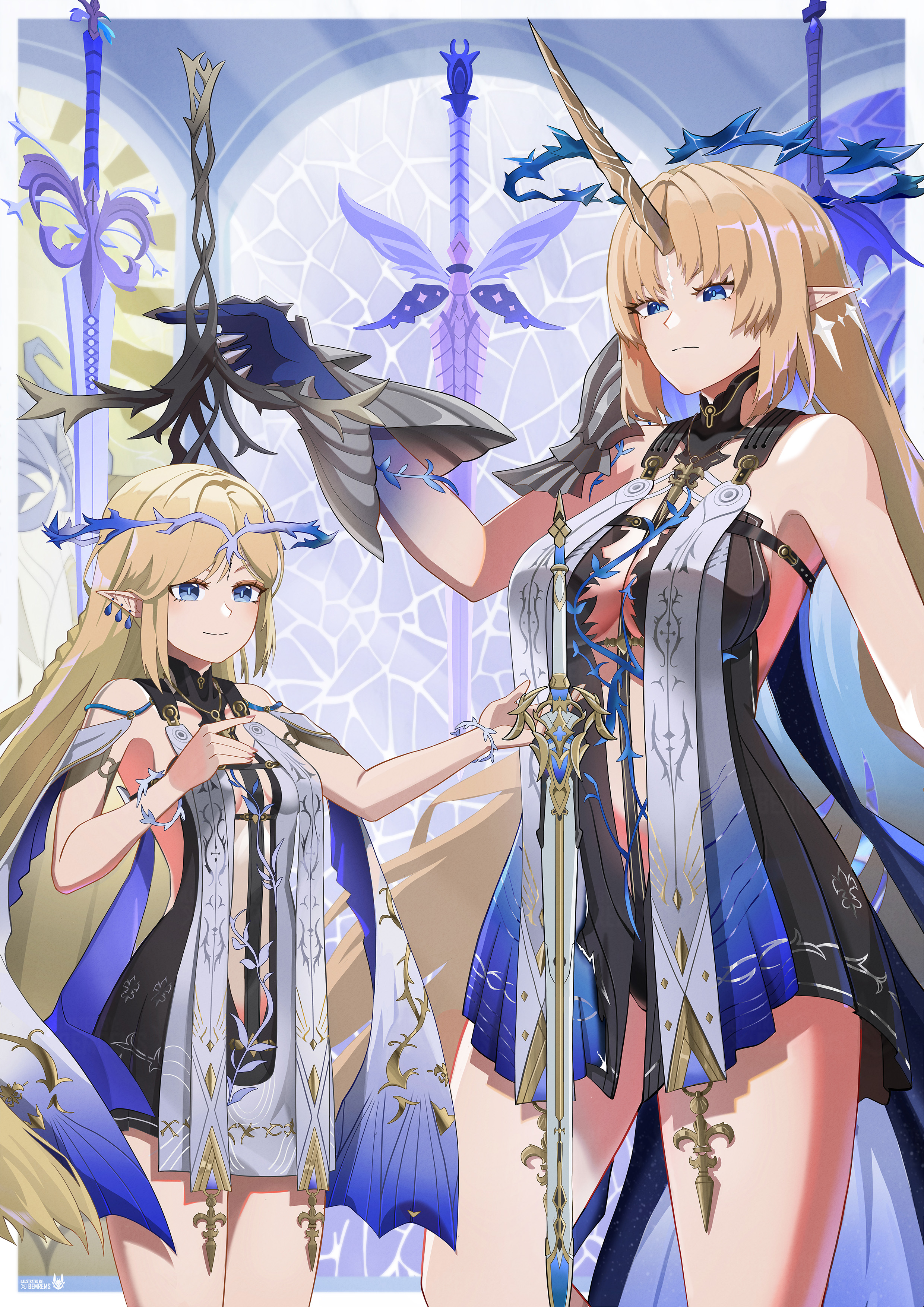 knightfury, cartethyia (wuthering waves), fleurdelys (wuthering waves), wuthering waves, absurdres, commentary, highres, 2girls, armored gloves, bare shoulders, black collar, black dress, blonde hair, blue eyes, blue hair, breasts, closed mouth, collar, colored extremities, colored inner hair, crown of thorns, dress, dual persona, earrings, floating earrings, horns, jewelry, large breasts, long hair, long horns, multicolored hair, multiple earrings, multiple girls, multiple swords, necklace, parted bangs, pointy ears, sidelocks, single horn, small breasts, smile, tabard, tacet mark (wuthering waves), thighs, very long hair, white tabard, yellow horns