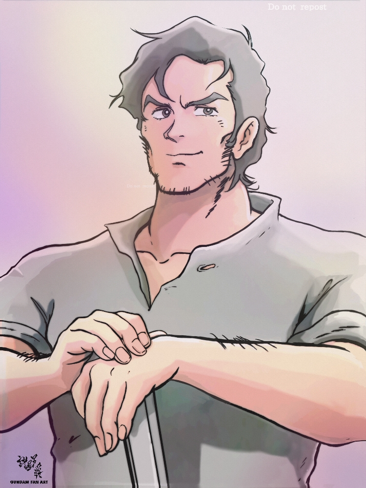 moroboshi danshaku, cucuruz doan, mobile suit gundam: cucuruz doan's island, 1boy, brown eyes, brown hair, facial hair, grey shirt, looking at viewer, shirt, short hair, short sleeves, solo, upper body