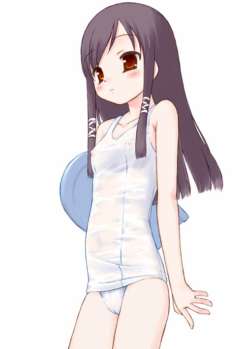 figo, sera karen, sakura musubi, 1girl, breasts, covered erect nipples, female focus, kickboard, nipples, one-piece swimsuit, school swimsuit, see-through clothes, simple background, small breasts, solo, swimsuit, white background, white one-piece swimsuit, white school swimsuit