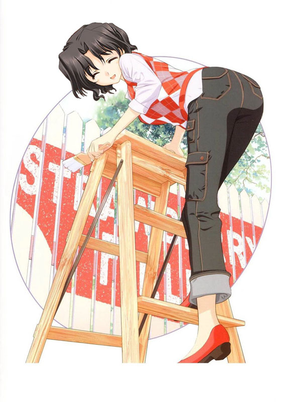 yuzuhara haruka, to heart (series), to heart 2, third-party edit, 00s, 1girl, ass, bent over, black hair, cargo pants, closed eyes, female focus, fence, ladder, paintbrush, painting (action), pants, shoes, short hair, solo, wavy hair, wooden fence