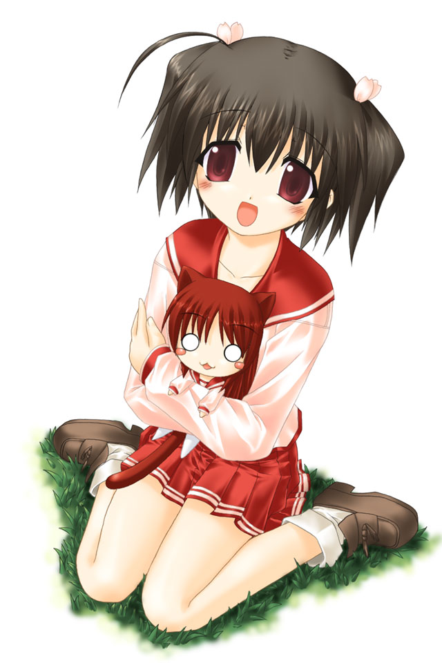 mizuna (water emp-tei), kousaka tamaki, yuzuhara konomi, to heart (series), to heart 2, duplicate, 00s, 1girl, animal ears, black hair, cat ears, chibi, female focus, mini person, minigirl, pleated skirt, red hair, school uniform, serafuku, skirt, solo
