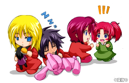 lunamaria hawke, meyrin hawke, rey za burrel, shinn asuka, gundam, gundam seed, gundam seed destiny, lowres, 00s, 2boys, 2girls, chibi, chibi only, multiple boys, multiple girls, red hair, siblings, sisters