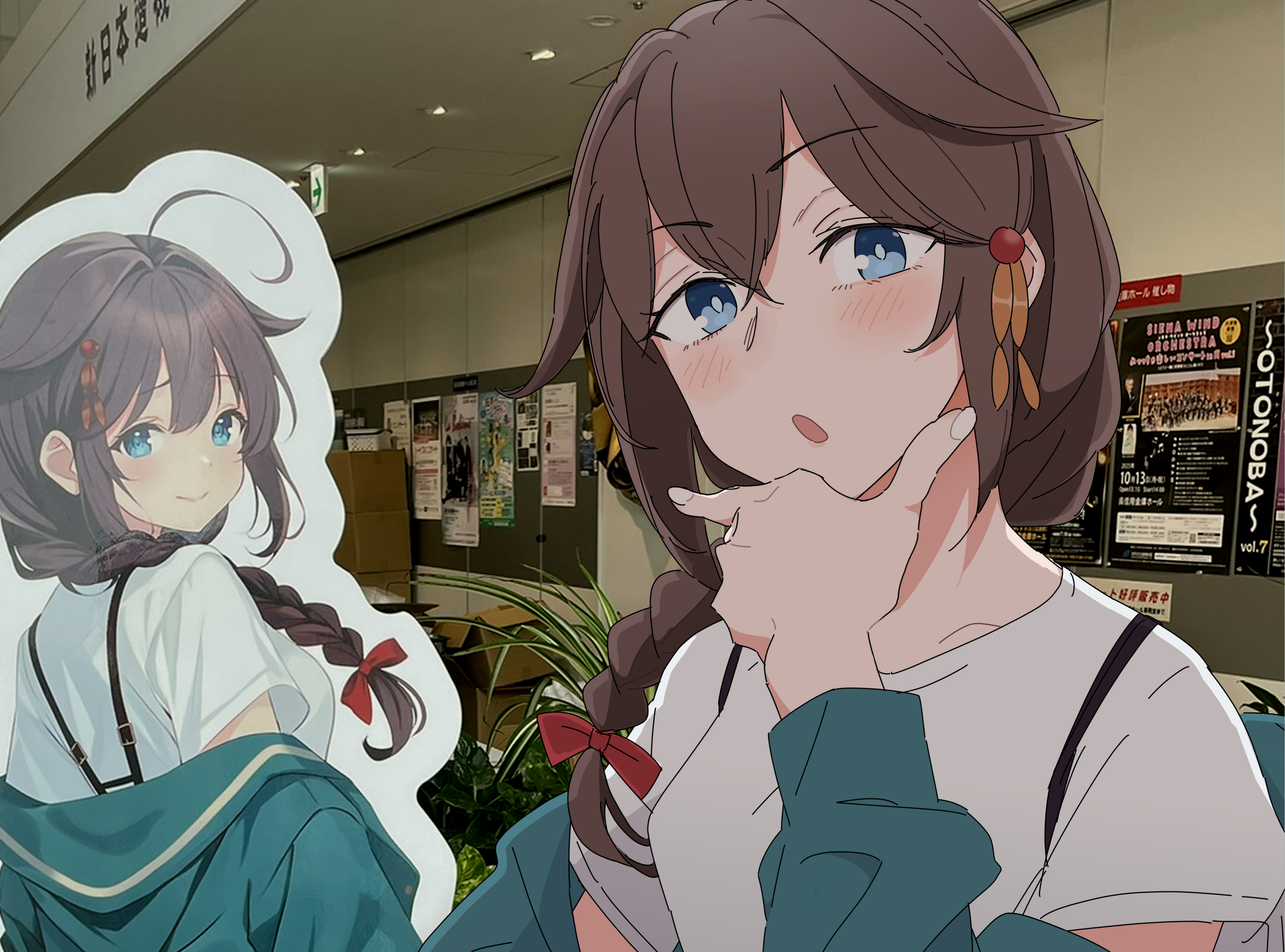 anotsugini kuruji, shigure (kancolle), shigure (kure 2025) (kancolle), shigure kai san (kancolle), kantai collection, commentary request, highres, 1girl, :o, aqua jacket, blue eyes, blush, brown hair, cardboard cutout, hair flaps, hair ornament, hand up, indoors, jacket, jacket partially removed, japan, looking at viewer, meta, official alternate costume, photo background, shirt, suspenders, white shirt