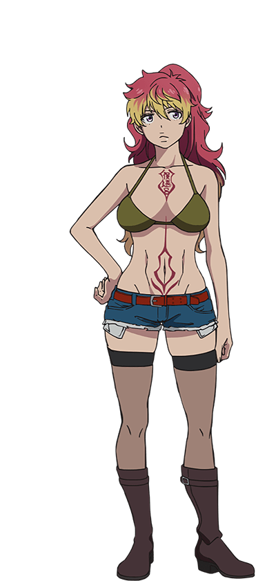 oohigashi yurie, kirigakure shura, ao no exorcist, official art, 1girl, anime coloring, belt, bikini, bikini top only, blonde hair, boots, breasts, brown boots, closed mouth, denim, denim shorts, full body, hair between eyes, hand on own hip, lace, lace thighhighs, large breasts, long hair, looking at viewer, multicolored hair, navel, no shirt, ponytail, purple eyes, red belt, red hair, short shorts, shorts, simple background, solo, standing, stomach tattoo, swimsuit, tattoo, thighhighs, transparent background, two-tone hair, wavy hair