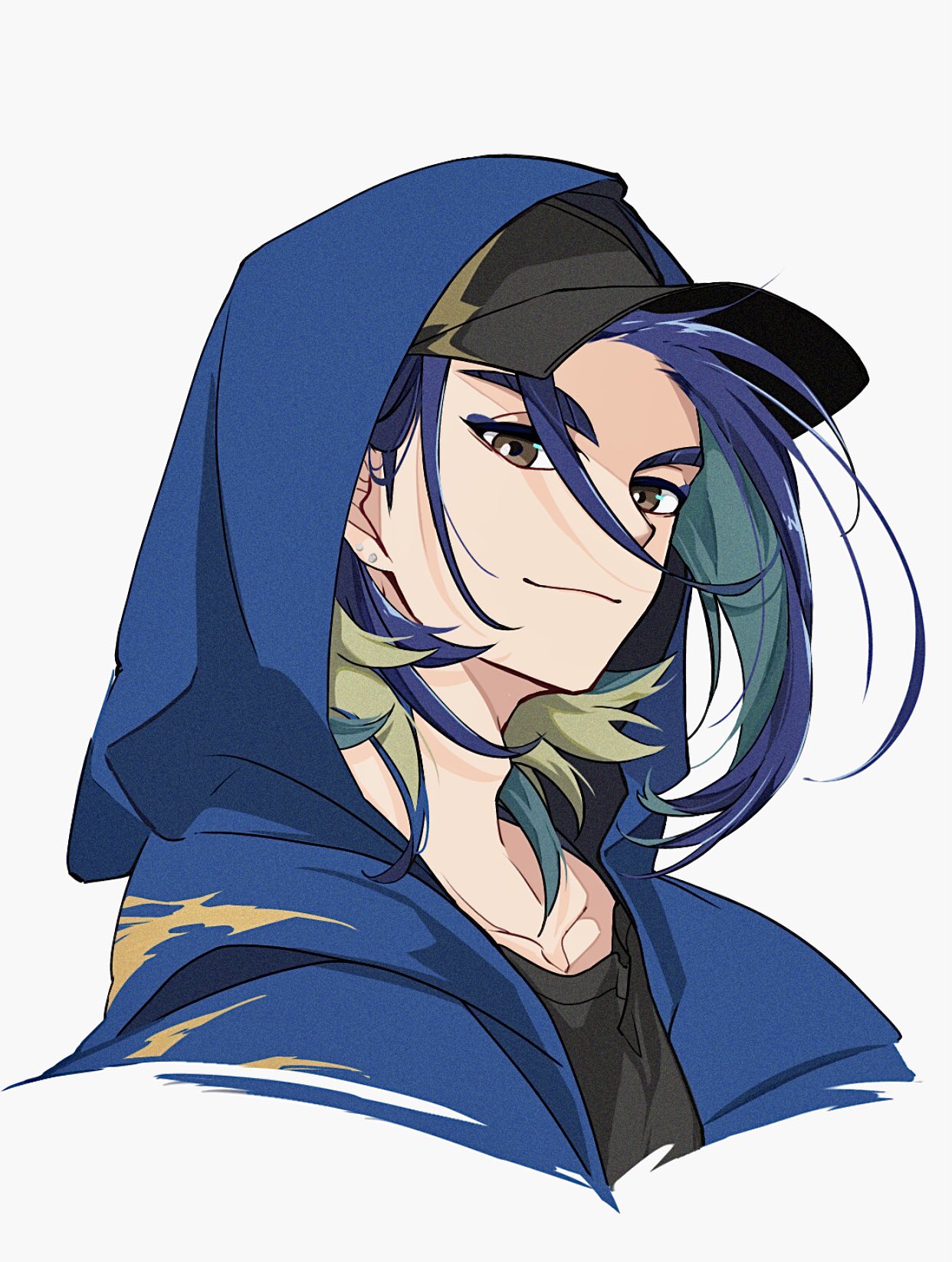 cocoa s3, adaman (pokemon), nintendo, pokemon, pokemon legends: arceus, highres, 1boy, black hat, black shirt, blonde hair, blue hair, blue jacket, brown eyes, closed mouth, collarbone, green hair, hat, hood, hood up, hooded jacket, jacket, long hair, looking at viewer, male focus, multicolored hair, open clothes, open jacket, shirt, simple background, smile, upper body, white background