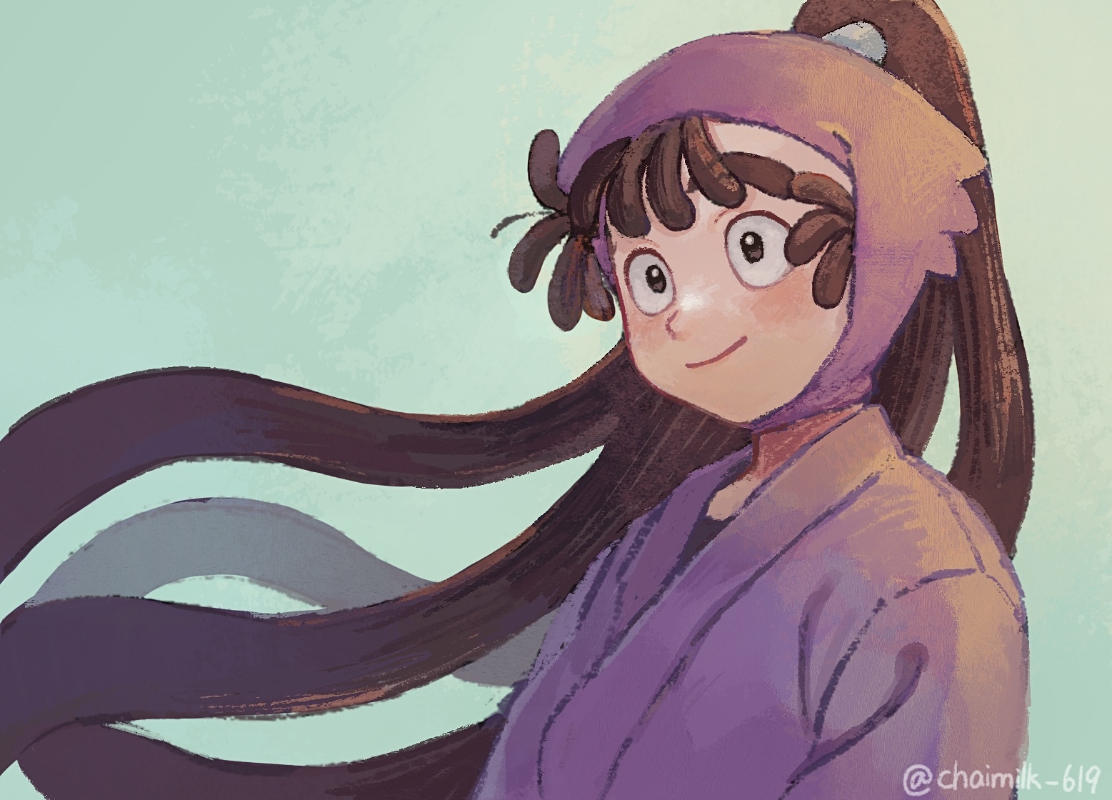 ohama kan'emon, rakudai ninja rantarou, 1boy, aqua background, black undershirt, brown eyes, brown hair, chaimilk 619, closed mouth, high ponytail, japanese clothes, light blush, long hair, male focus, ninja, ponytail, purple hood, purple shirt, shirt, smile, solo, thick eyebrows, twitter username, very long hair