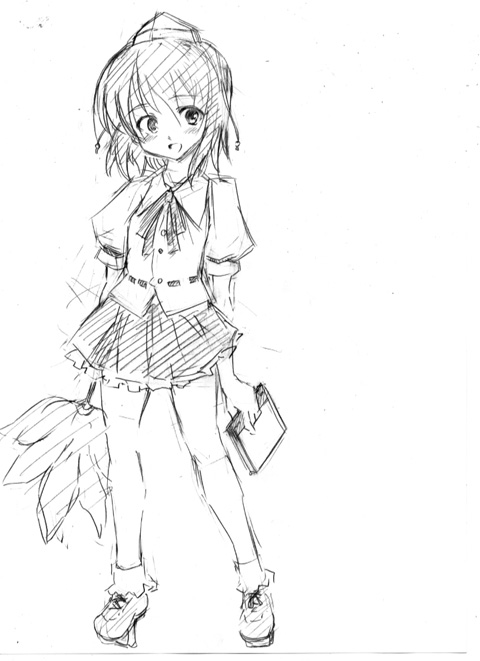 fujiwara shun'ichi, shameimaru aya, touhou, looking away, 1girl, female focus, geta, greyscale, hat, monochrome, open mouth, short hair, simple background, smile, solo, standing, tengu-geta, tokin hat, white background