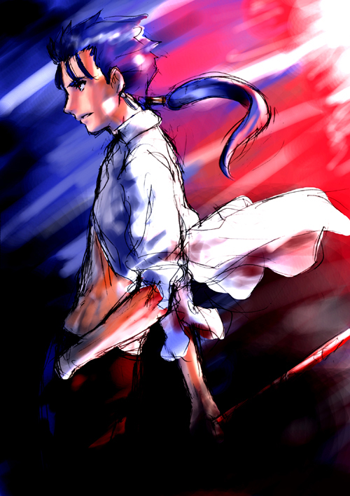 jas (littlecrime), cu chulainn (fate), cu chulainn (fate/stay night), fate/stay night, fate (series), multicolored background, 00s, 1boy, blue hair, long hair, male focus, ponytail, profile, sleeves pushed up, solo, unbuttoned