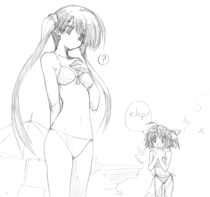10mo, kida emiri, sumadera yukio, tenshi no inai 12-gatsu, 2girls, :d, ?, ahoge, bikini, english text, greyscale, hand on own chest, long hair, monochrome, multiple girls, open mouth, own hands together, smile, spoken question mark, standing, swimsuit, twintails, very long hair