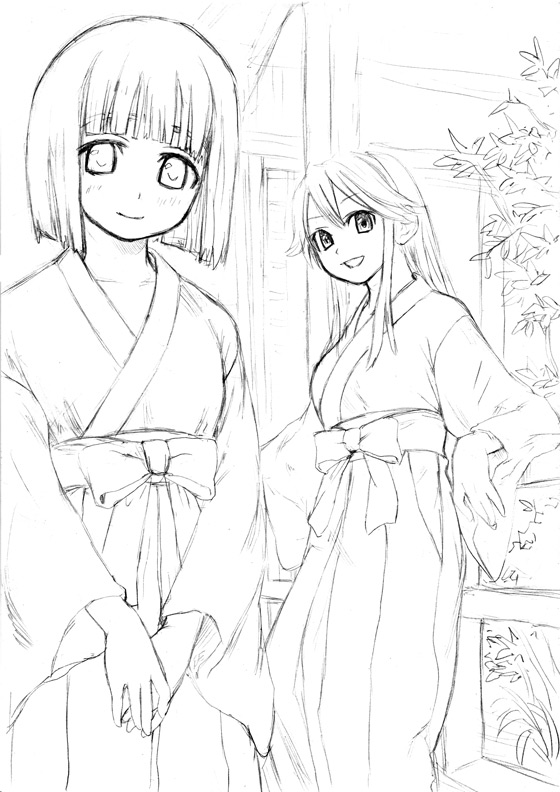 asanagi, saegusa matsuri, saegusa miko, kamichu!, 00s, bob cut, greyscale, japanese clothes, miko, monochrome