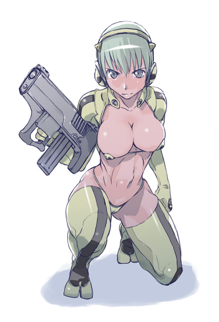 takeda sun, original, 1girl, bikini, breasts, bullpup, dark-skinned female, dark skin, female focus, green bikini, green thighhighs, gun, hair between eyes, jika-tabi, micro bikini, on one knee, simple background, solo, striped clothes, striped thighhighs, submachine gun, swimsuit, thighhighs, vertical-striped clothes, vertical-striped thighhighs, weapon, white background