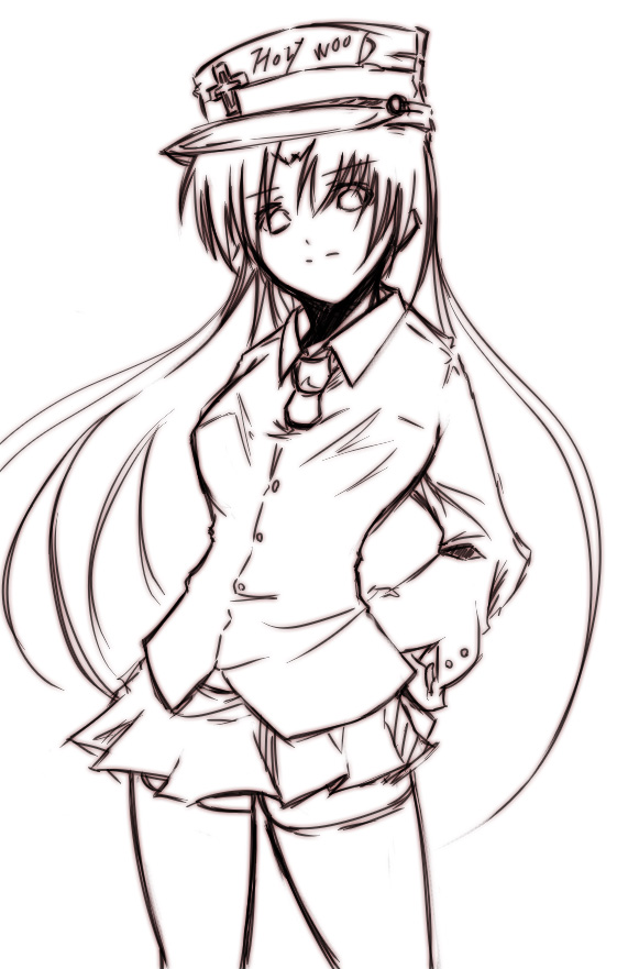 original, 1girl, cross, female focus, hand on own hip, hat, long hair, monochrome, simple background, sketch, skirt, solo, thighhighs, white background