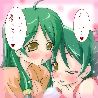 natsumi akira, miyama miki, miyama miku, zettai shounen, messy, lowres, translated, 00s, 2girls, :p, ahoge, blush, female focus, food, green hair, heart, ice cream, long hair, multiple girls, oekaki, sexually suggestive, short hair, speech bubble, spoken heart, strap slip, text focus, tongue, tongue out, wink, yellow eyes