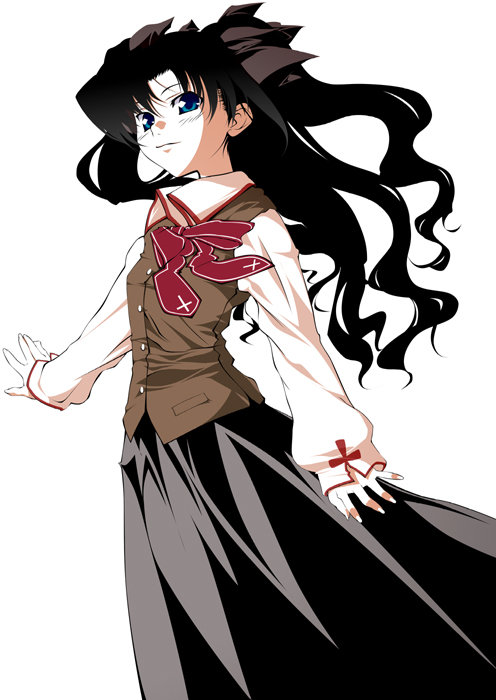 akari maki, tohsaka rin, fate/stay night, fate (series), 00s, 1girl, blue eyes, bow, brown hair, cross, female focus, floating hair, hair bow, homurabara academy school uniform, inverted cross, long hair, long sleeves, looking at viewer, school uniform, shirt, simple background, skirt, solo, twintails, two side up, very long hair, vest, white background, wings
