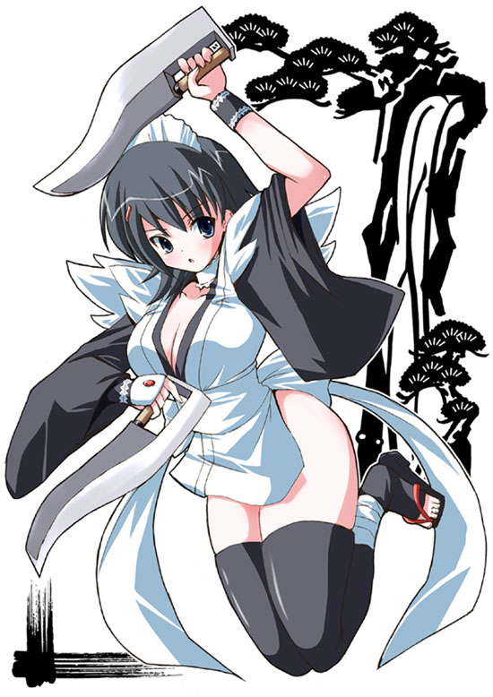 shinshin, iroha (samurai spirits), samurai spirits, 1girl, apron, arm up, bandages, black hair, breasts, cleavage, female focus, geta, japanese clothes, jumping, large breasts, looking at viewer, maid headdress, open mouth, sandals, serious, short hair, solo, thighhighs, weapon, wristband, zettai ryouiki, zouri