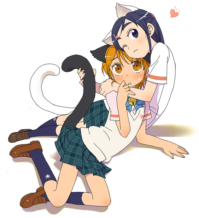 minakata sunao, misumi nagisa, yukishiro honoka, futari wa precure, precure, striped neckwear, 00s, 2girls, :3, animal ears, bell, blush, bow, bowtie, brown eyes, brown hair, cat ears, cat tail, female focus, hair ornament, hairclip, heart, jingle bell, kemonomimi mode, long hair, multiple girls, one eye closed, pleated skirt, purple eyes, purple hair, school uniform, serafuku, short hair, short sleeves, simple background, skirt, striped bow, striped bowtie, striped clothes, sweater, sweater vest, tail, vest, white background, wink, yuri