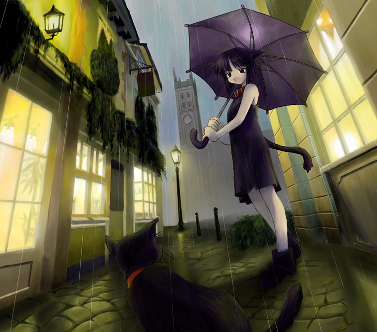 tagme, animal ears, black boots, boots, cat, cat ears, cat tail, solo, tail, umbrella