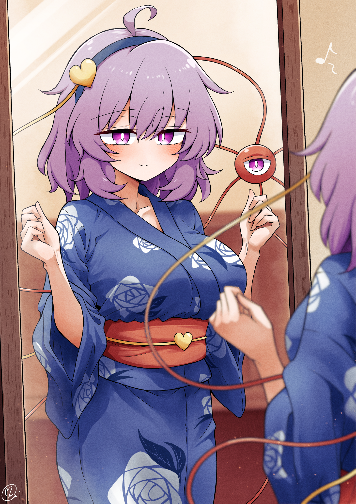 scavia10, komeiji satori, touhou, commentary, commentary request, highres, third-party source, 1girl, ahoge, alternate costume, black hairband, blue kimono, breasts, closed mouth, collarbone, floral print, full-length mirror, hair ornament, hairband, heart, heart hair ornament, japanese clothes, kimono, large breasts, long sleeves, mirror, obi, obidome, obijime, purple eyes, purple hair, red sash, rose print, sash, short hair, smile, wide sleeves, yukata