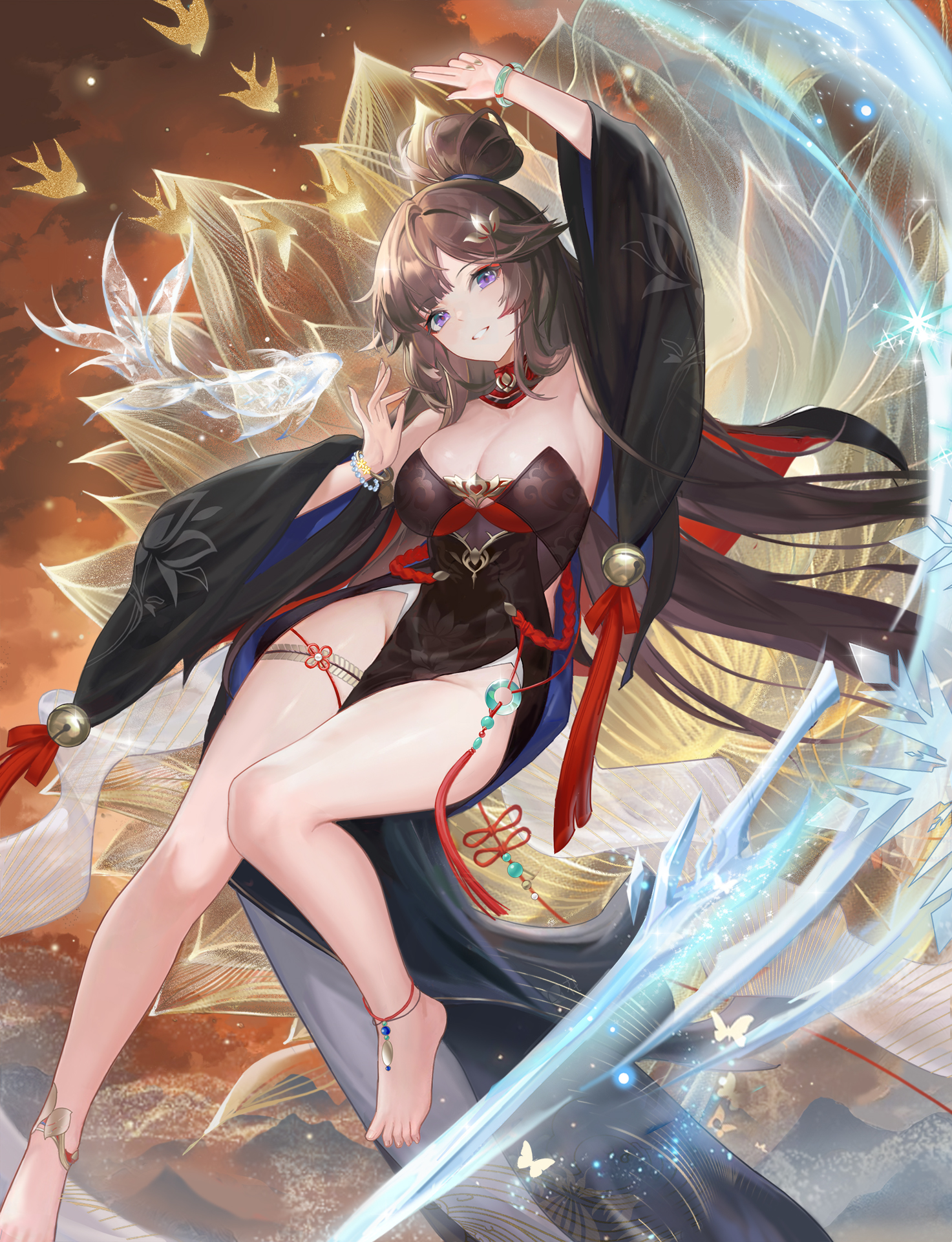 yizhibao, original, chinese commentary, commentary request, highres, 1girl, arm up, armpits, bare legs, bare shoulders, barefoot, bead bracelet, beads, black dress, black shirt, bracelet, breasts, brown hair, cleavage, crystal sword, detached collar, dress, eyeshadow, flower, grin, hair bun, hair ornament, hairclip, jewelry, large breasts, long hair, long sleeves, looking at viewer, makeup, no panties, open clothes, open shirt, pelvic curtain, purple eyes, shirt, smile, solo, strapless, strapless dress, sword, tassel, thighs, very long hair, weapon, wide sleeves