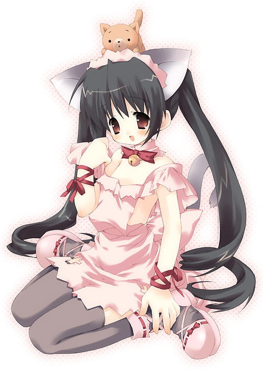 morinaga korune, 1girl, animal, animal ears, animal on head, apron, bell, black hair, black thighhighs, candy, cat, cat ears, cat on head, cat tail, collar, female focus, food, jingle bell, lollipop, long hair, maid, maid apron, naked apron, neck bell, on head, open mouth, solo, tail, thighhighs, twintails