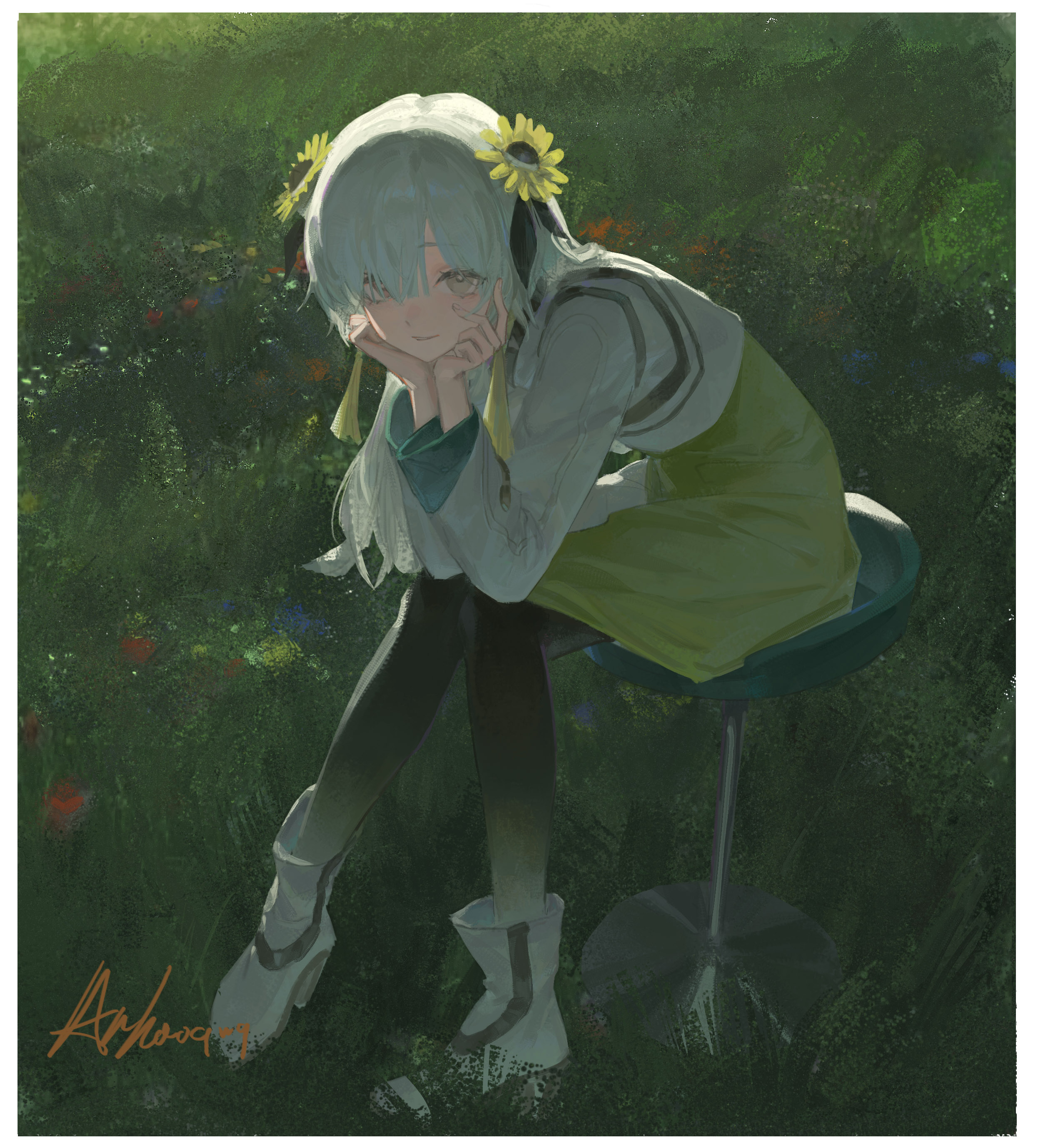anhao1224, original, absurdres, highres, 1girl, artist name, black pantyhose, chair, dress, flower, full body, grass, green dress, grey eyes, grey hair, hair flower, hair ornament, head rest, jacket, light smile, looking at viewer, on chair, pantyhose, shoes, sitting, solo, sunflower, white jacket, white shoes