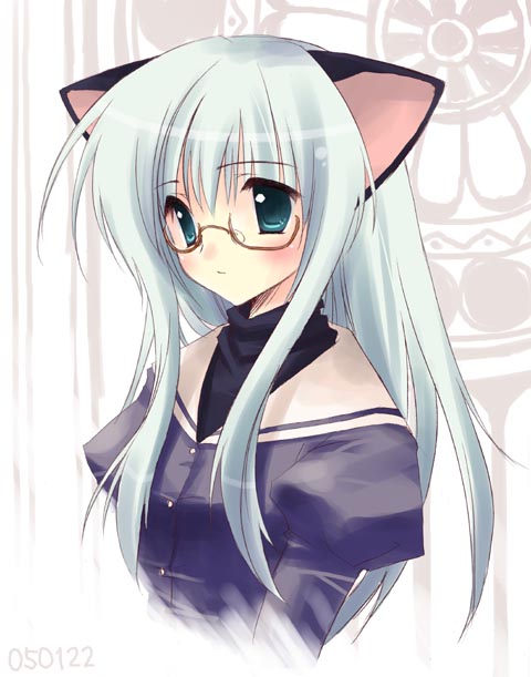 ryouka (suzuya), 1girl, animal ears, blue hair, blush, cat ears, dated, female focus, glasses, green eyes, school uniform, serafuku, solo, upper body