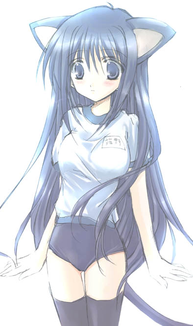kyuukon, 1girl, animal ears, black hair, black thighhighs, blush, buruma, cat ears, cat tail, female focus, gym uniform, long hair, name tag, outstretched hand, simple background, solo, tail, thighhighs, very long hair, white background