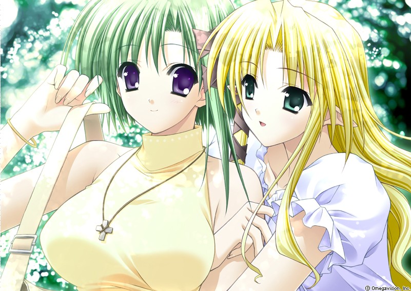 suzuhira hiro, kareha, shigure asa, shuffle!, game cg, official art, 00s, 2girls, blonde hair, blue eyes, bracelet, breasts, cross, female focus, green eyes, green hair, jewelry, long hair, multiple girls, necklace, pointy ears, short hair, yuri