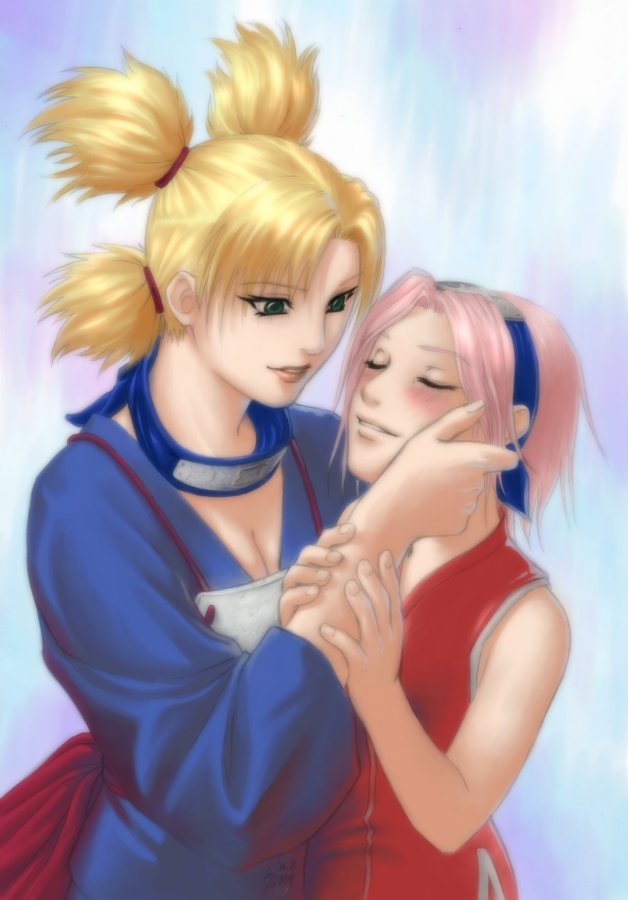 haruno sakura, temari (naruto), naruto (classic), naruto (series), artist request, 2girls, bare arms, blonde hair, blush, breasts, cleavage, closed eyes, couple, dress, facing another, female focus, forehead protector, green eyes, hair ribbon, hair tie, hairband, hand on another's face, hand up, happy, height difference, holding own arm, imminent kiss, long hair, long sleeves, looking at another, multiple girls, parted bangs, parted lips, pink hair, quad tails, red dress, ribbon, short hair, sleeveless, sleeveless dress, smile, standing, upper body, yuri