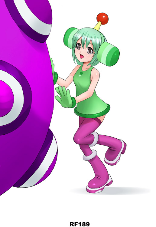 ryu (ryu's form site), the prince, katamari damacy, 1girl, boots, cosplay, female focus, gloves, green hair, katamari, pink boots, simple background, solo, the prince (cosplay), thighhighs, white background
