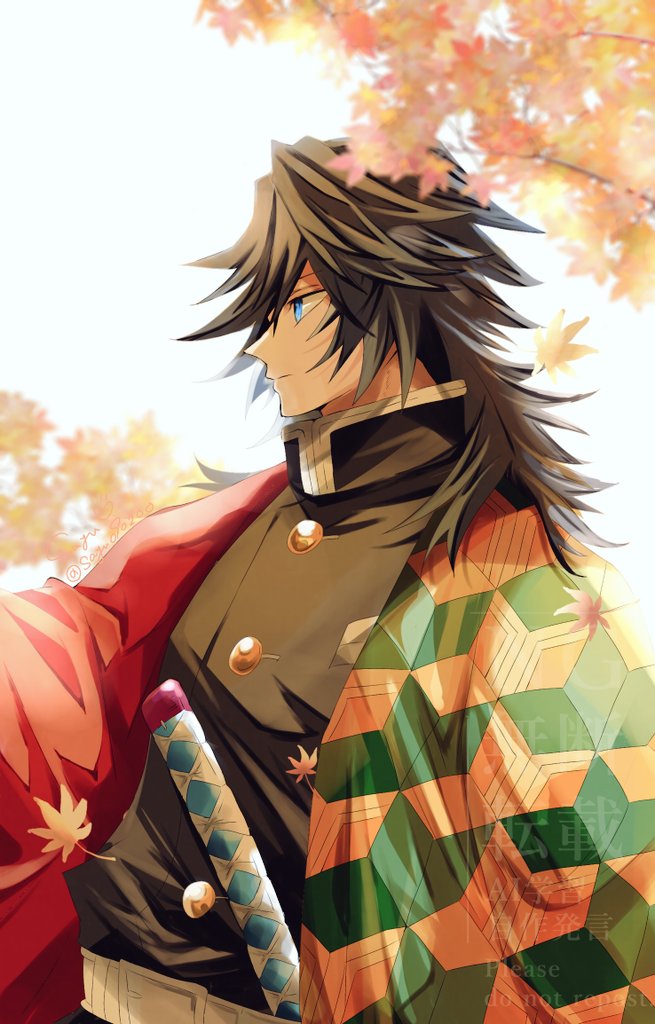 sayu090200, tomioka giyuu, kimetsu no yaiba, 1boy, autumn leaves, belt, black jacket, blue eyes, branch, buttons, closed mouth, falling leaves, haori, jacket, japanese clothes, katana, leaf, long hair, low ponytail, male focus, ponytail, profile, solo, spiked hair, sword, upper body, weapon, white background, white belt