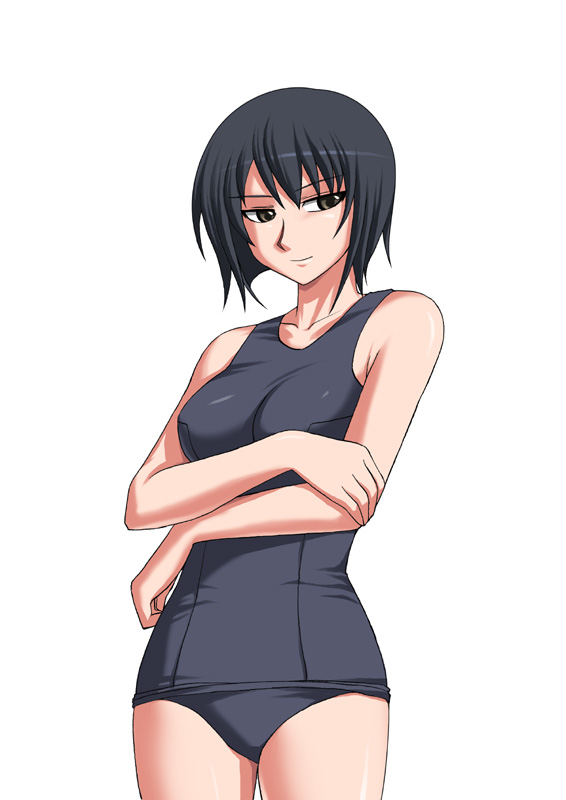 katwu (gensou ninja yashiki), kanina shizuka, maria-sama ga miteru, 00s, 1girl, black hair, female focus, one-piece swimsuit, school swimsuit, short hair, simple background, solo, swimsuit, white background