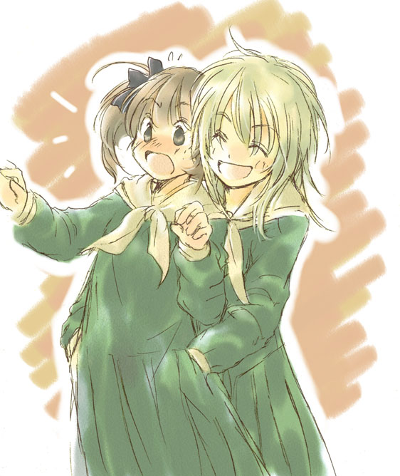 fukuzawa yumi, satou sei, maria-sama ga miteru, 00s, 2girls, ^ ^, blonde hair, bow, brown hair, closed eyes, dress, green dress, hair bow, long sleeves, multiple girls, open mouth, pleated skirt, school uniform, serafuku, sketch, skirt, surprised, torso grab