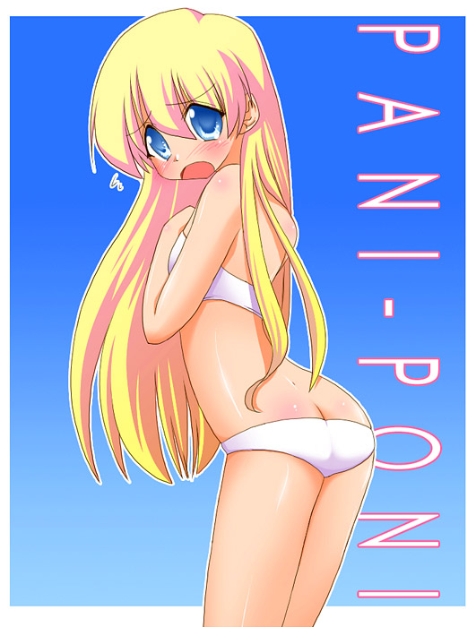 nekono matatabi, rebecca miyamoto, pani poni dash!, 00s, 1girl, ass, back, bikini, blonde hair, blue eyes, blush, butt crack, female focus, long hair, solo, swimsuit