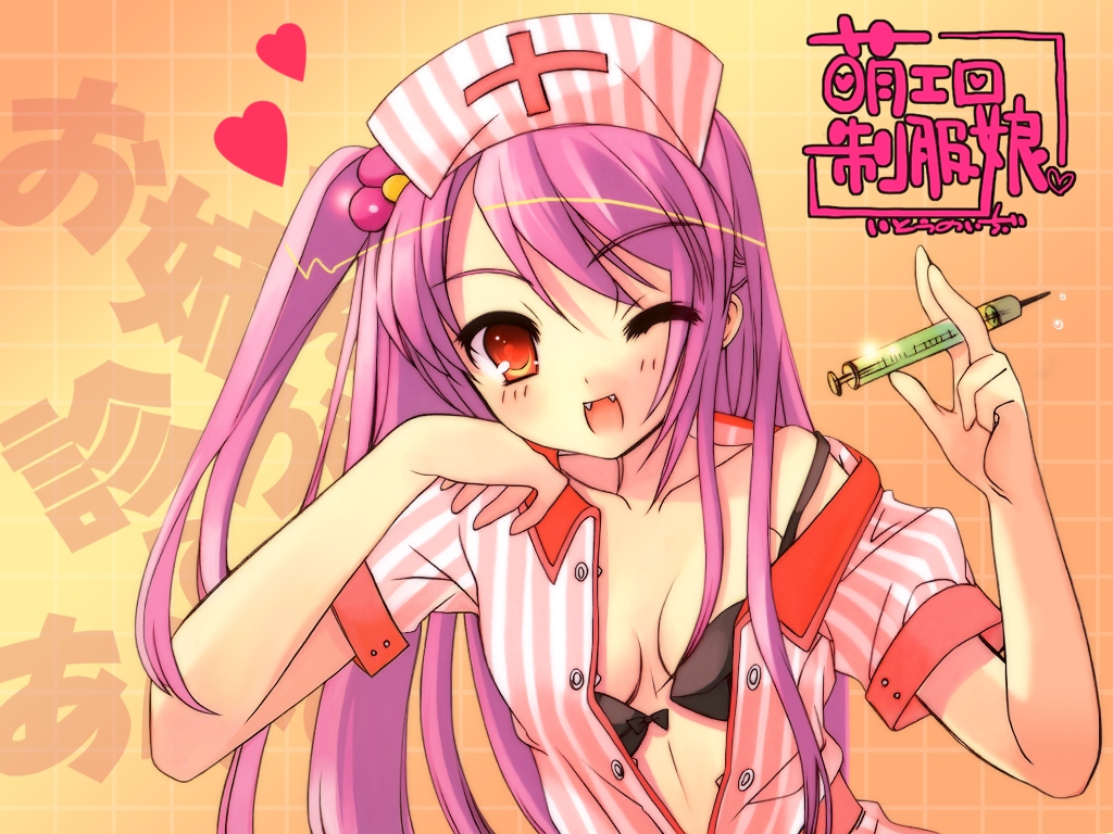 ito noizi, 1girl, bra, fangs, female focus, hair bobbles, hair ornament, lingerie, nurse, open bra, open clothes, open shirt, purple hair, shirt, side ponytail, solo, syringe, underwear