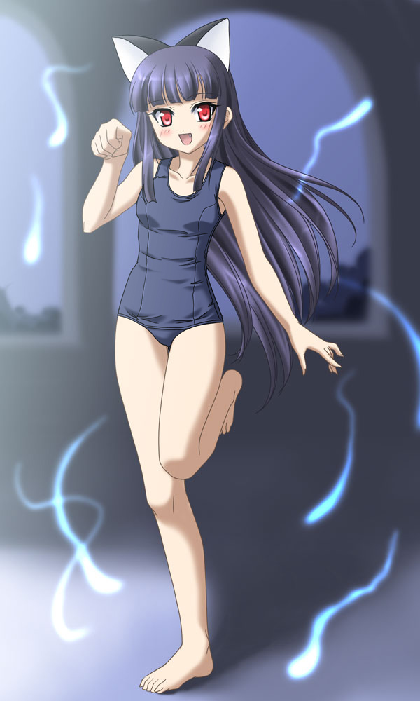 hebameki, hazuki (tsukuyomi), tsukuyomi moonphase, jpeg artifacts, 00s, 1girl, animal ears, barefoot, black one-piece swimsuit, cat ears, feet, female focus, long hair, one-piece swimsuit, school swimsuit, solo, swimsuit, very long hair