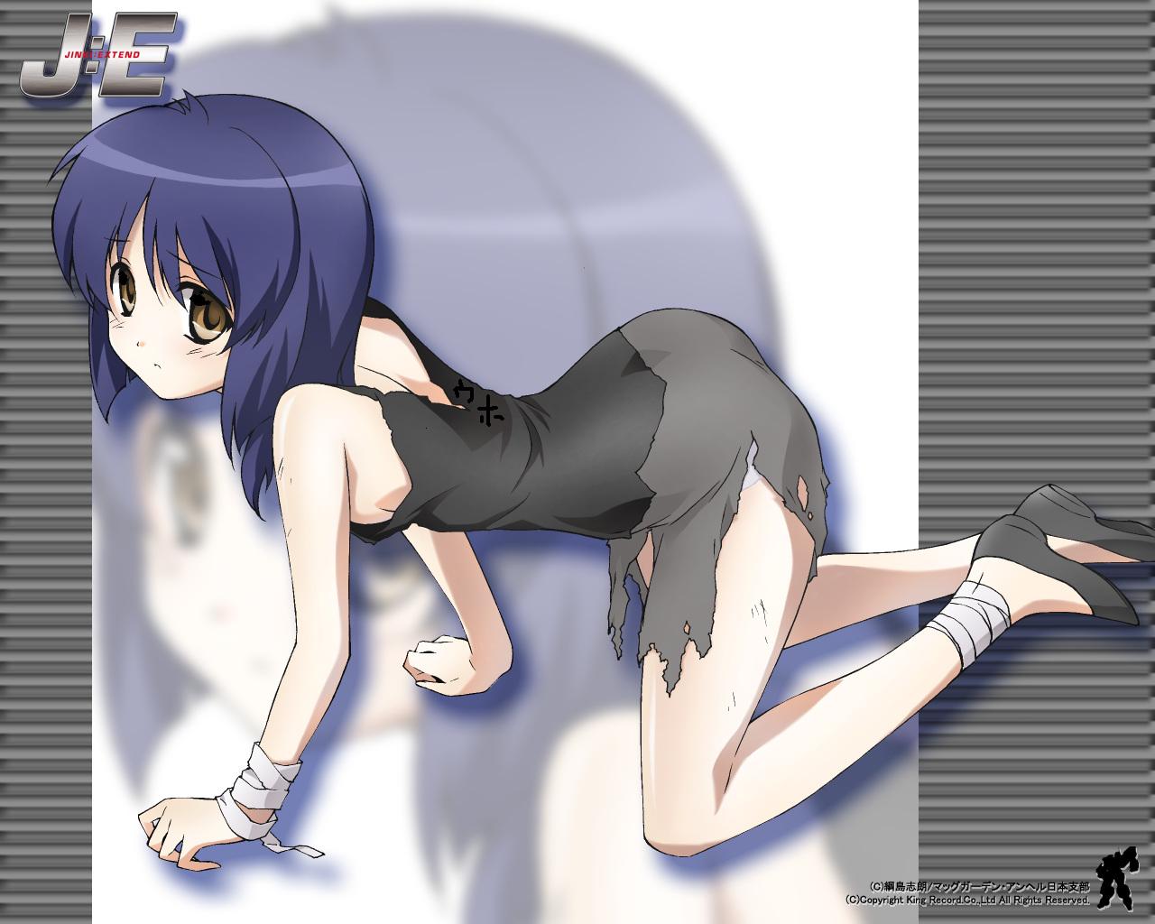 tsunashima shirou, kawamoto satsuki, tsuzaki aoba, jinki, 00s, 1girl, all fours, back, bandages, blue hair, breasts, brown eyes, empty eyes, female focus, flat chest, panties, sideboob, skirt, small breasts, solo, torn clothes, underwear, white panties, zoom layer