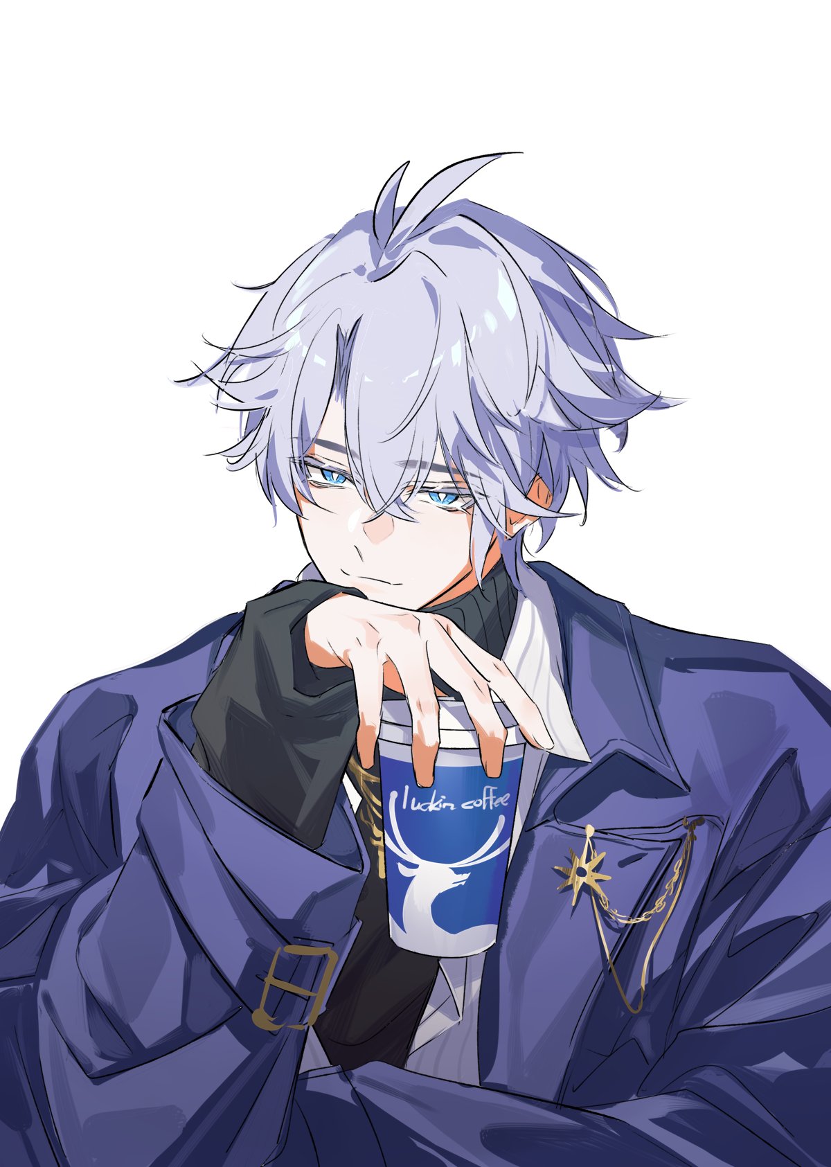 qinnye, phainon (honkai: star rail), honkai: star rail, honkai (series), highres, 1boy, black shirt, blue coat, blue eyes, closed mouth, coat, crossed bangs, cup, english text, grey hair, hair between eyes, half-closed eyes, hand up, holding, holding cup, looking at viewer, male focus, official alternate costume, open clothes, open coat, parted bangs, phainon (luckin coffee) (honkai: star rail), shirt, short hair, simple background, smile, solo, white background, yellow pupils