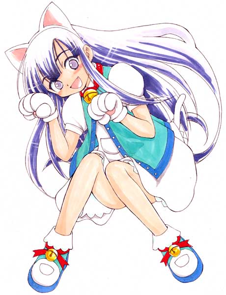 arima keitarou, hazuki (tsukuyomi), tsukuyomi moonphase, 00s, 1girl, animal ears, cat ears, collar, female focus, long hair, paw pose, purple eyes, purple hair, simple background, sitting, skirt, smile, solo, vest, white background