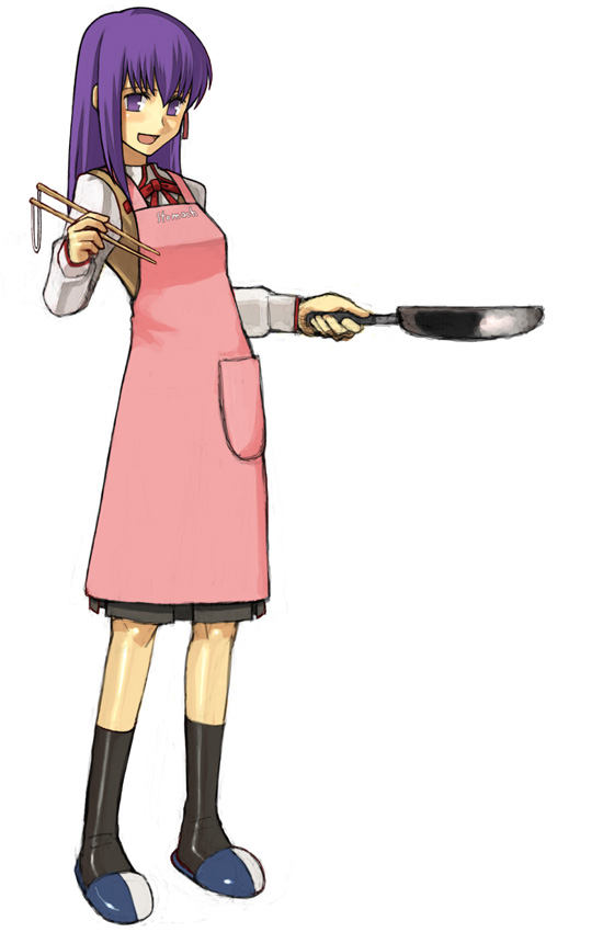 yu 65026, matou sakura, fate/stay night, fate (series), 00s, 1girl, apron, black socks, chopsticks, female focus, frying pan, full body, long hair, open mouth, purple eyes, purple hair, simple background, slippers, socks, solo, standing