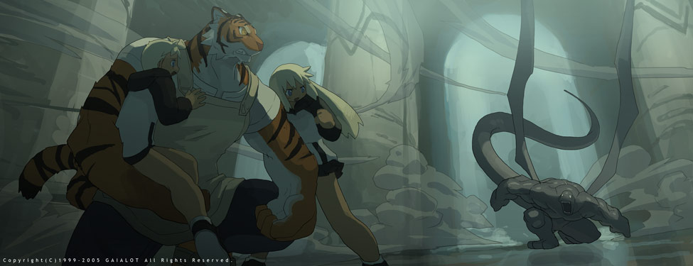 nouzui, looking away, 00s, 1boy, 1girl, 2005, angry, apron, arch, blonde hair, carrying, clenched hand, clenched teeth, dated, dungeon, fantasy, hood, kneeling, long hair, monster, on one knee, open mouth, outdoors, short hair, short shorts, shorts, teeth, tiger