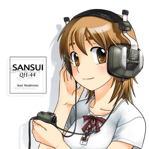 ootsuka mahiro, headphone + musume, original, lowres, 1girl, brown eyes, brown hair, digital media player, female focus, hand on own ear, headphones, shadow, short hair, simple background, solo, thick eyebrows