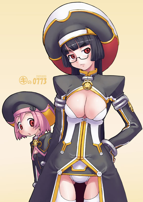 kei jiei, original, 2girls, black hair, breasts, cleavage, glasses, hat, hiding, medium breasts, multiple girls, pink hair, red eyes, star (symbol)