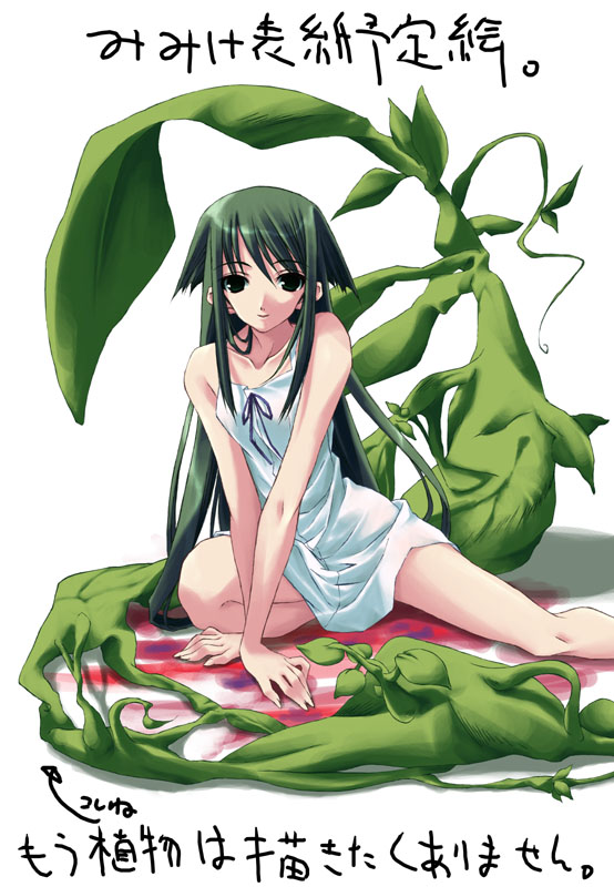 shinya puu, saya (saya no uta), saya no uta, green eyes, green hair, plant, sayanouta, simple background, smile, white background