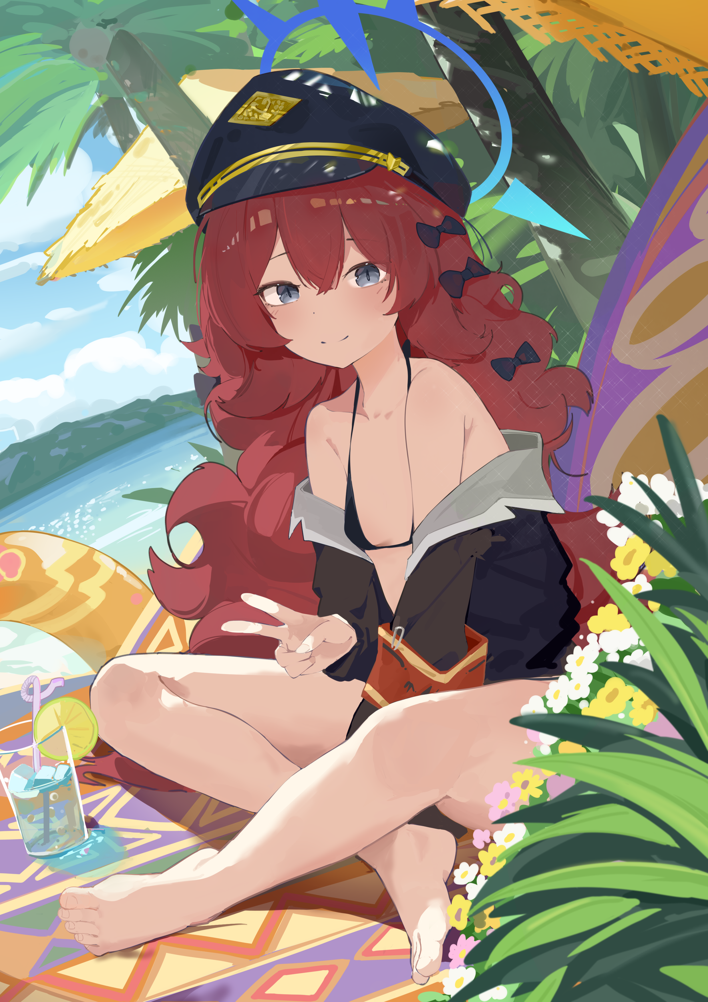 haike, iroha (blue archive), blue archive, fluffy hair, absurdres, highres, 1girl, alternate costume, bare legs, bare shoulders, barefoot, bikini, black bikini, black hat, black jacket, blue eyes, blue halo, flat chest, halo, hat, indian style, jacket, long hair, looking at viewer, ocean, peaked cap, red hair, sidelocks, sitting, solo, swimsuit, v, very long hair