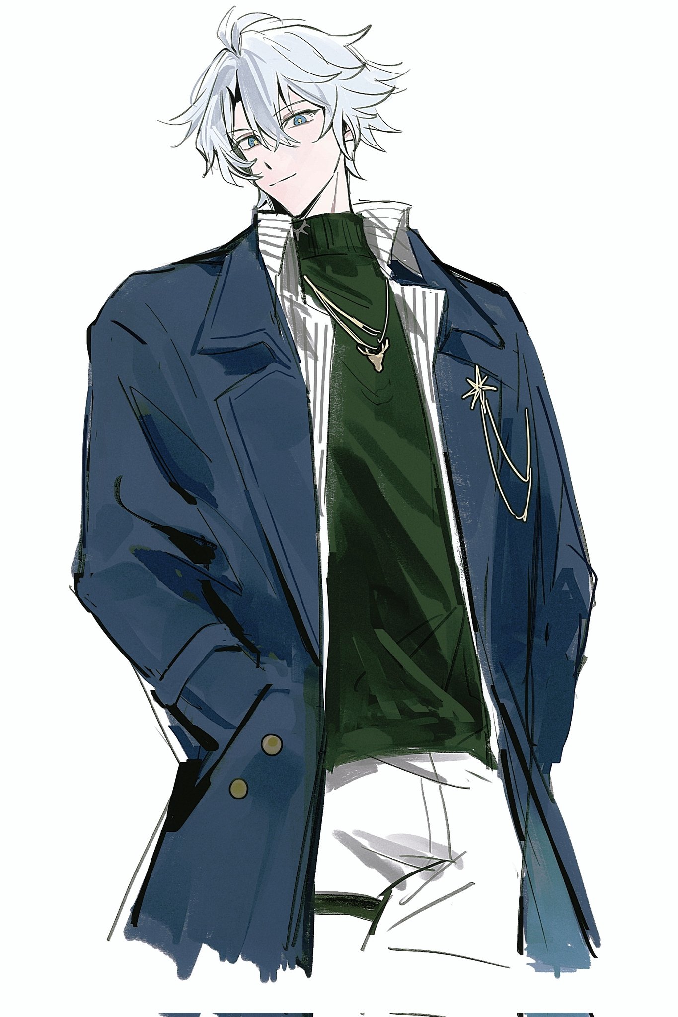 phainon (honkai: star rail), honkai: star rail, honkai (series), highres, 1boy, antenna hair, black shirt, blue coat, blue eyes, closed mouth, coat, cowboy shot, crossed bangs, grey hair, hair between eyes, hands in pockets, looking at viewer, male focus, official alternate costume, open clothes, open coat, pants, phainon (luckin coffee) (honkai: star rail), shirt, short hair, simple background, skyskywww, smile, solo, white background, white pants, yellow pupils