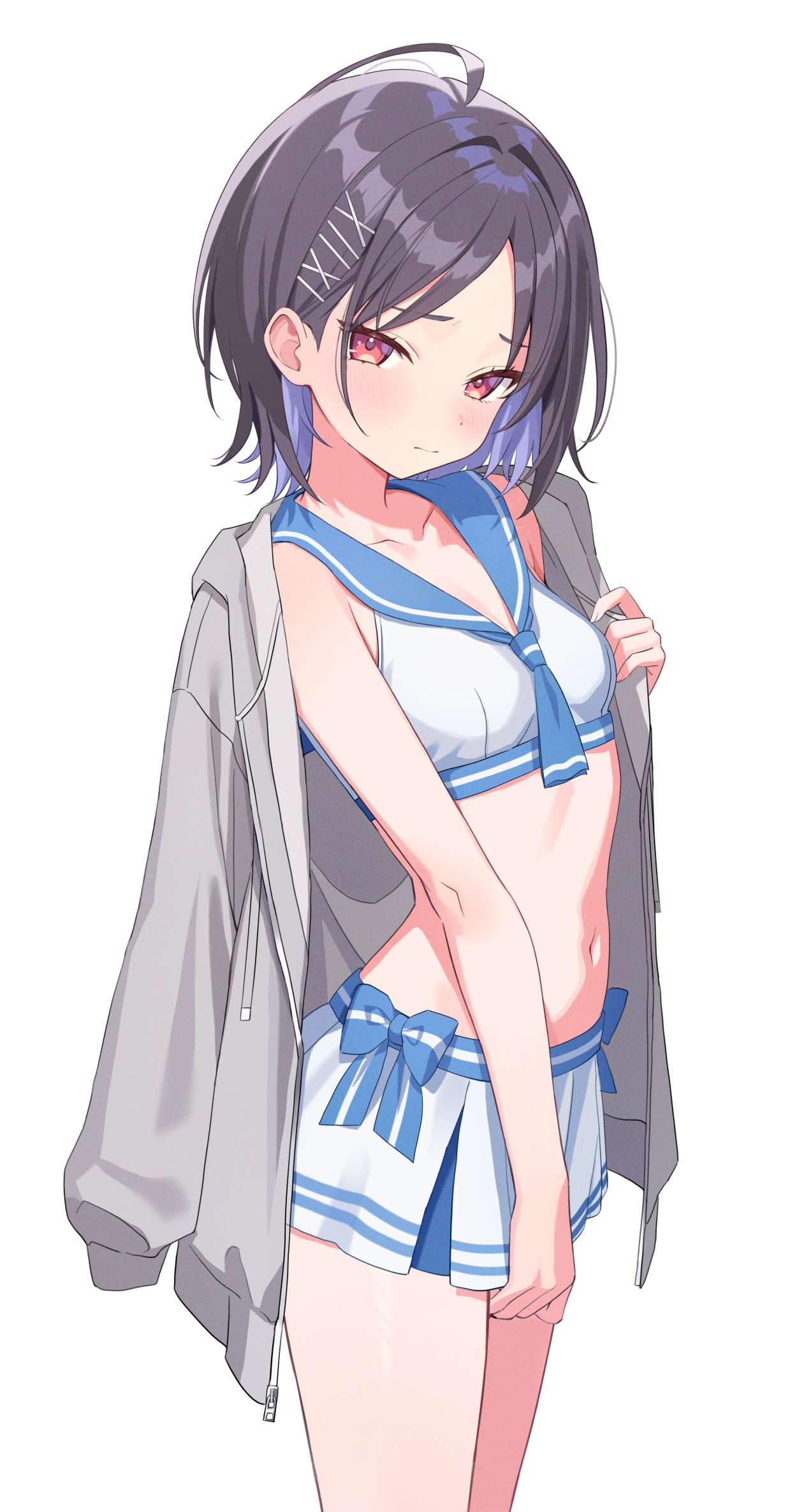 kitano yukito, mashiro yu, gakuen idolmaster, idolmaster, commentary request, highres, 1girl, bikini, bikini skirt, black hair, blue hair, blue neckerchief, blue sailor collar, blush, brown eyes, closed mouth, collarbone, cowboy shot, grey jacket, jacket, jacket on shoulders, looking at viewer, navel, neckerchief, sailor bikini, sailor collar, sailor swimsuit (idolmaster), simple background, solo, swimsuit, white background, white bikini
