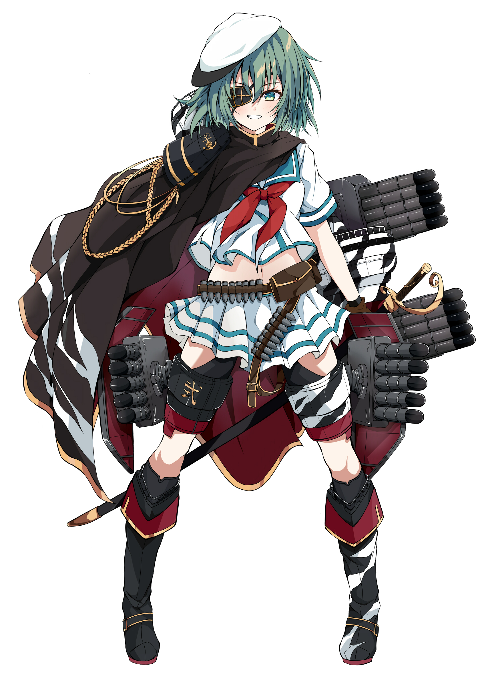 dairyo3, kiso (kancolle), kiso kai ni (kancolle), kantai collection, absurdres, commentary request, highres, 1girl, aqua sailor collar, aqua trim, belt, black shoes, boots, brown belt, brown gloves, eyepatch, full body, gloves, green eyes, green hair, grin, hat, light blush, looking at viewer, midriff, navel, neckerchief, red neckerchief, rigging, sailor collar, shirt, shoes, simple background, skirt, smile, solo, standing, torpedo launcher, white background, white hat, white shirt, white skirt