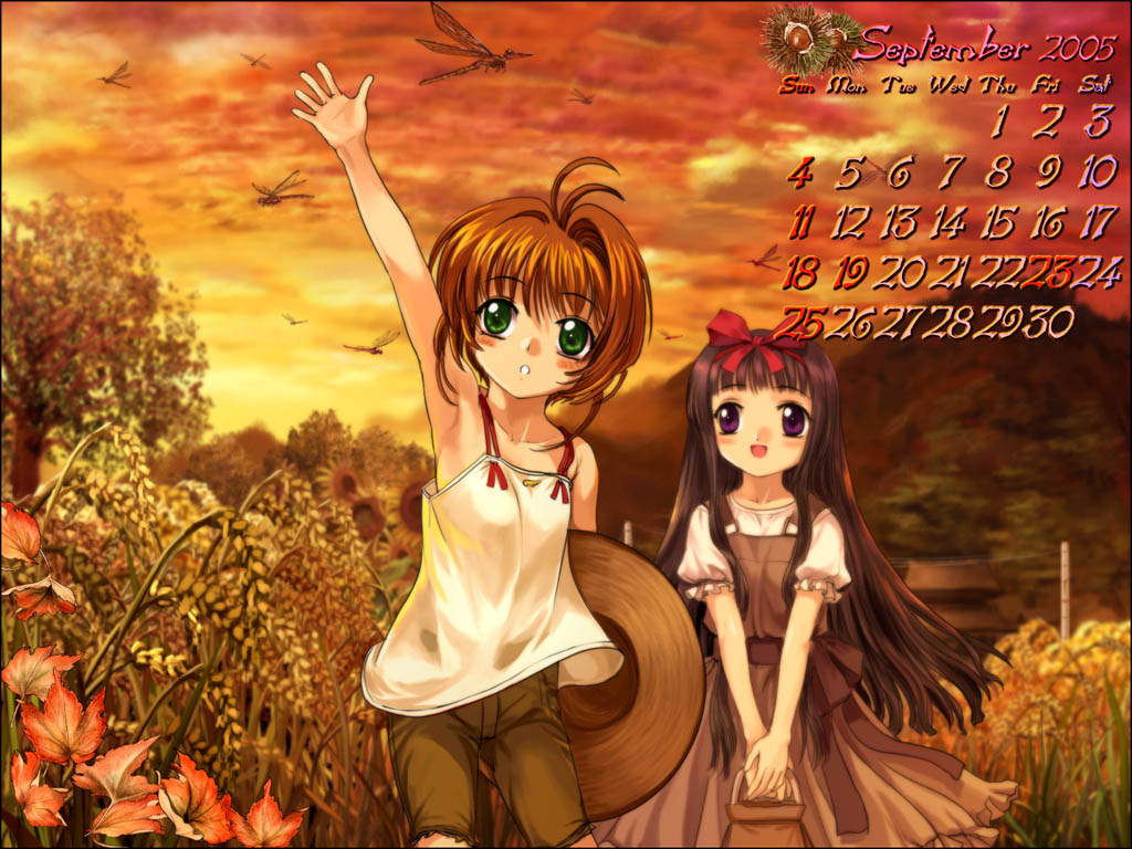 mutsuki (moonknives), daidouji tomoyo, kinomoto sakura, cardcaptor sakura, kodansha, 00s, 1990s (style), 2005, 2girls, calendar, child, hat, holding, holding unworn clothes, holding unworn hat, multiple girls, retro artstyle, september, unworn hat, unworn headwear